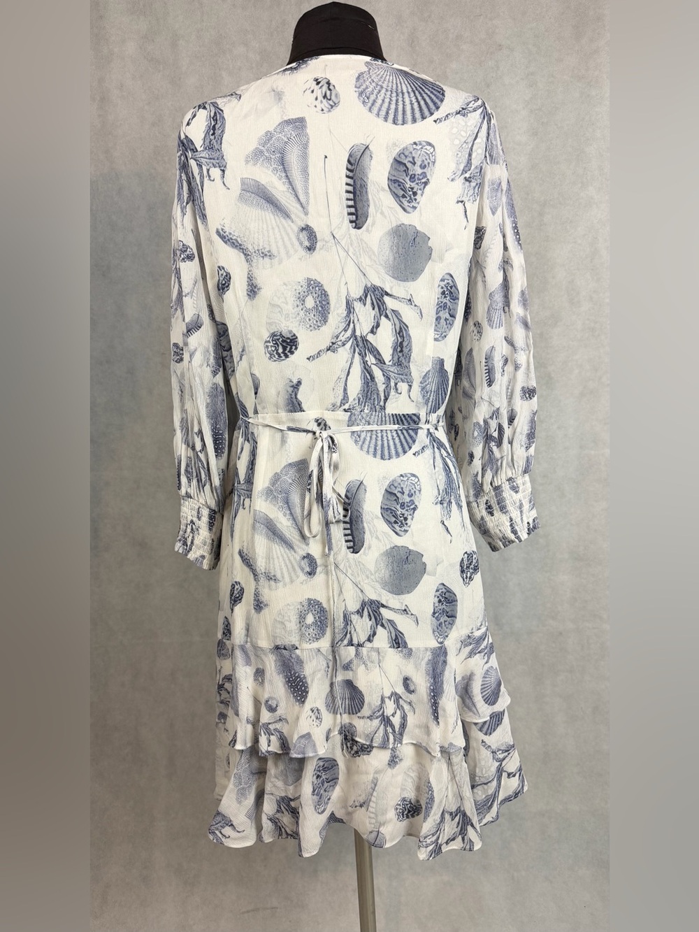 AllSaints Ari Oceano Dress Blue White Seashell Print Ruffle Midi Dress Size 12 - Picture 4 of 9